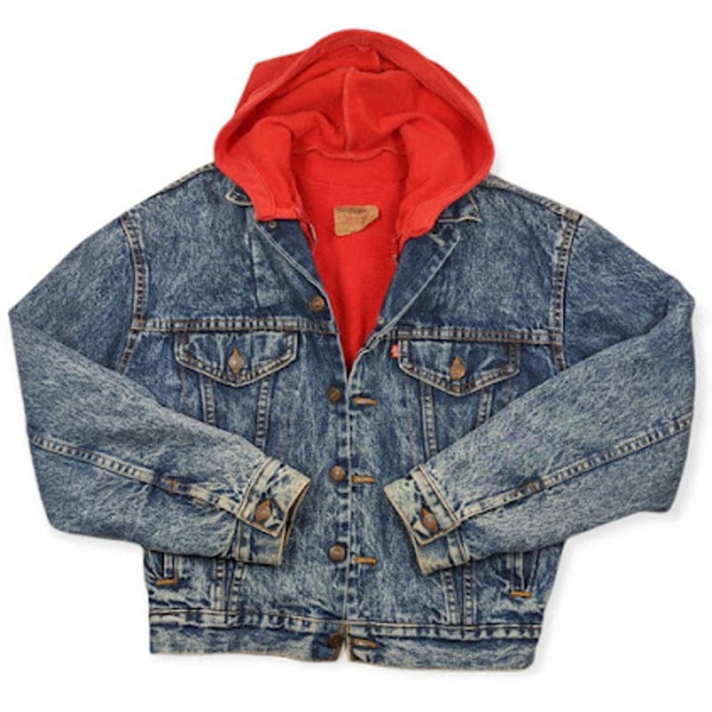 VTG 80's Levi's Acid Wash Fleece Hooded Denim Trucker Jacket Made in USA